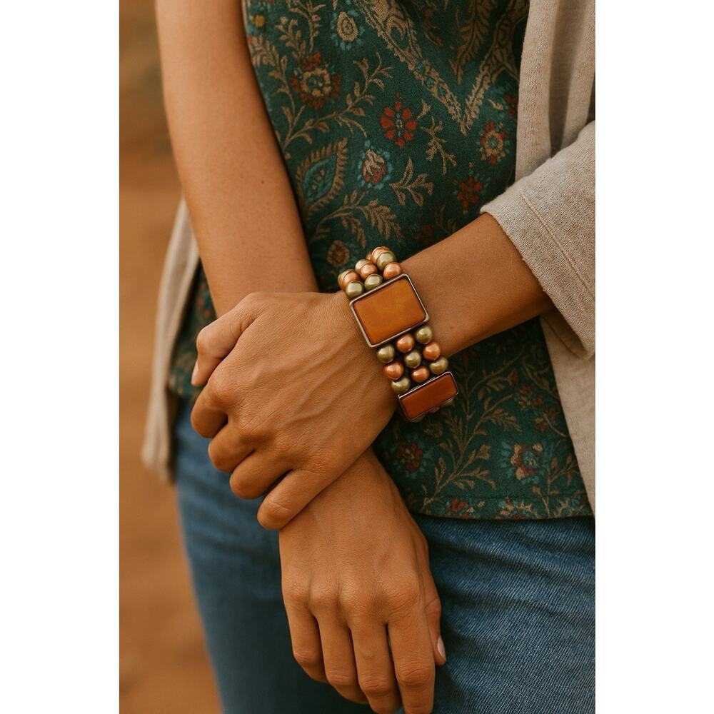 Vintage Amber Enamel Stretch Bracelet Gold & Copper Beads 3-Stone Boho Chunky